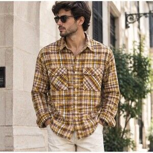 BoohooMAN Plaid Textured Woven Mustard Yellow Brown Shacket Shirt Mens Medium